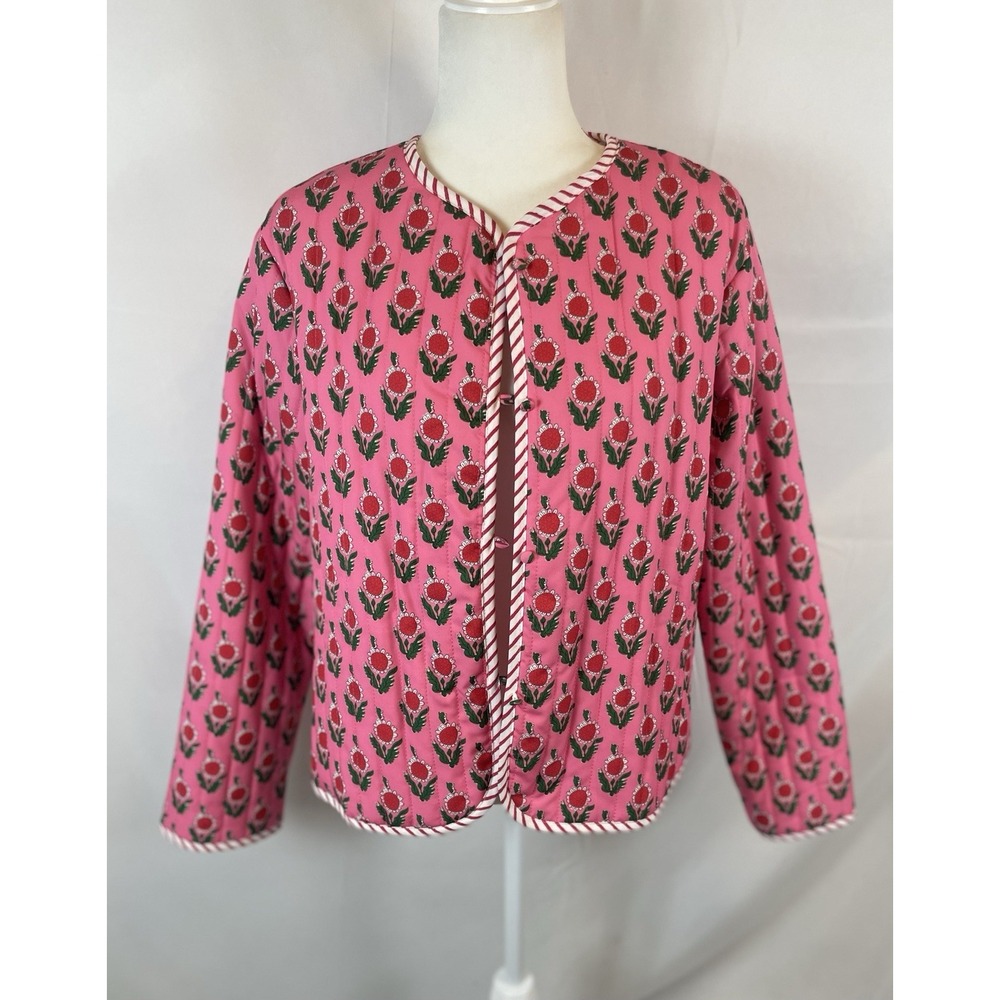Pink Quilted Look Dutch Flower Striped‎ Jacket Coat Scandinavian Woman's Size M
